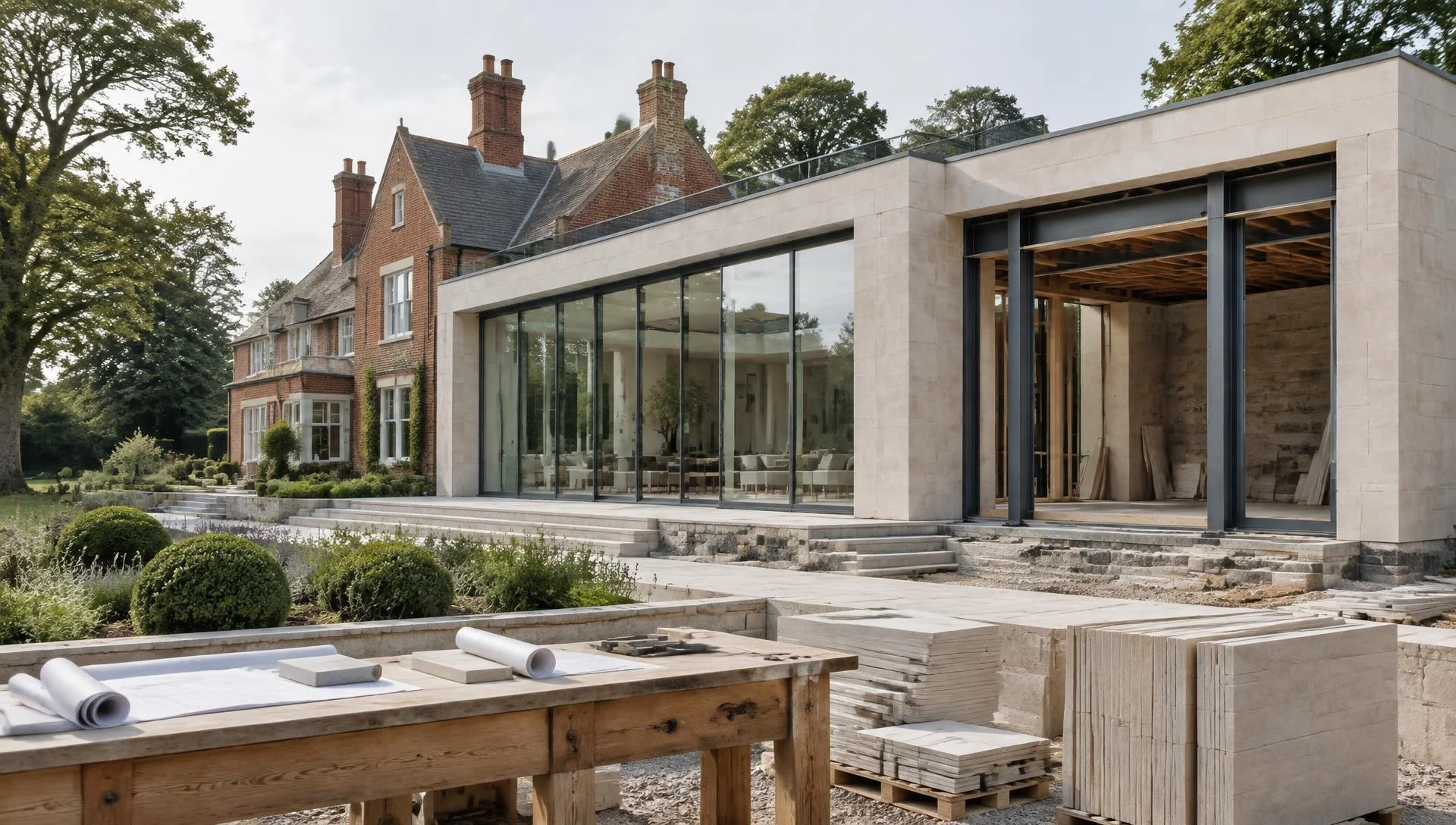 Glass and limestone extension during considered construction