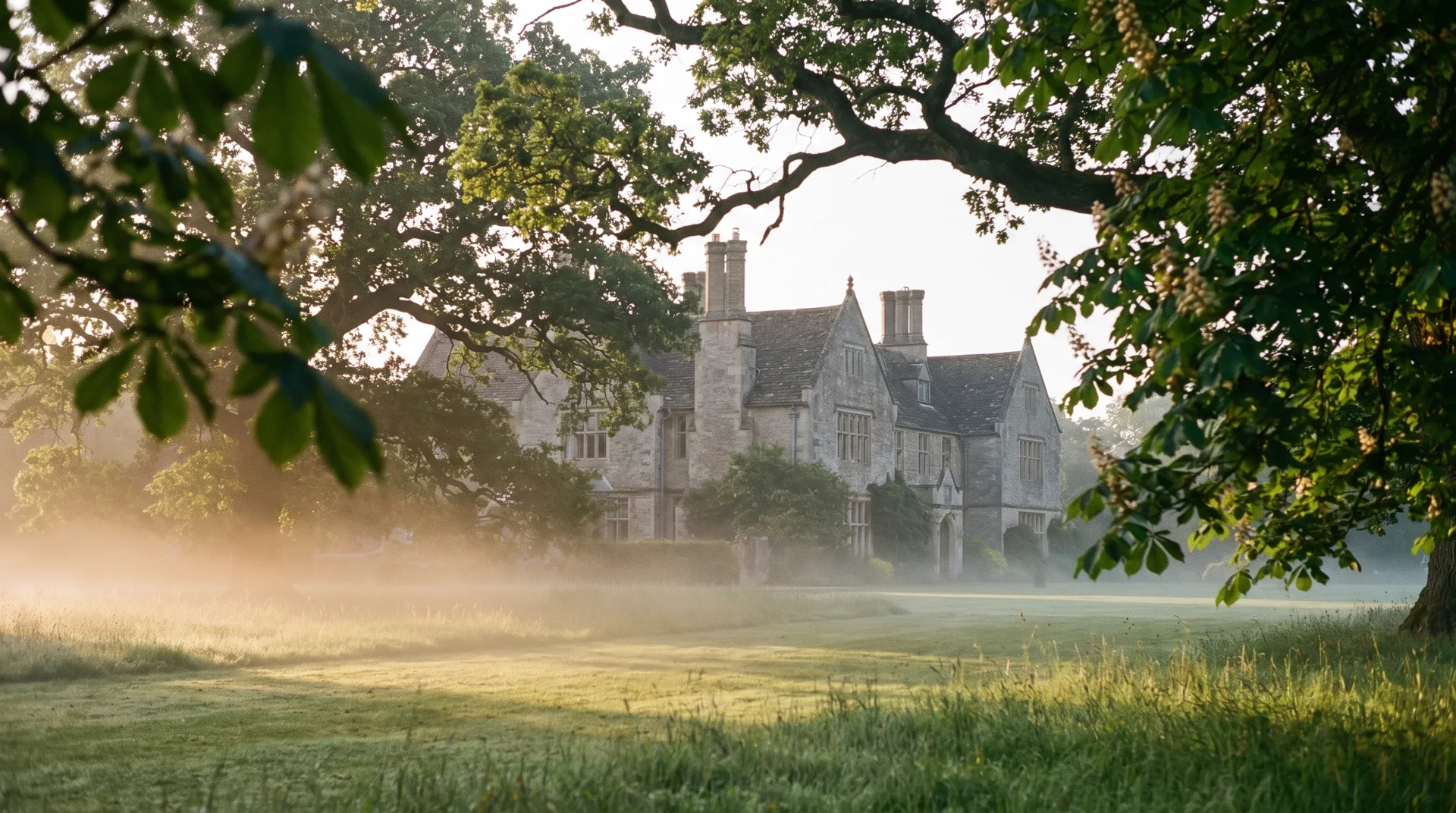 Substantial British country house framed by mature landscape